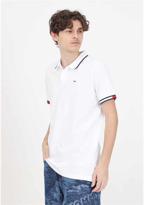 White men's polo shirt with Slim Flag Cuffs logo patch TOMMY JEANS | DM0DM12963YBRYBR